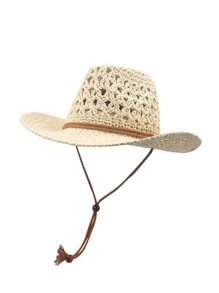 Boho 1pc Ladies' Hollow Out Woven Straw Hat In Beige With Western Cowboy Style Design, Sunscreen, Breathable, And Windproof Rope For Beach Vacation And Daily Wear In Summer Halloween - Beige - View 4