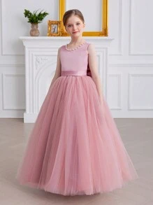 Vestido floral con decoración de lazo elegante para niña preadolescente, vestido de princesa adecuado para bodas, fiestas, cumpleaños, bailes de graduación y ocasiones especiales de adolescentes - Rosa - Ver 3