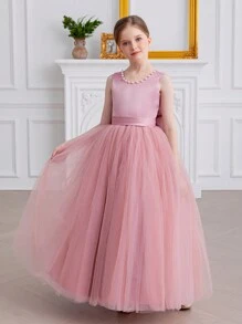 Vestido floral con decoración de lazo elegante para niña preadolescente, vestido de princesa adecuado para bodas, fiestas, cumpleaños, bailes de graduación y ocasiones especiales de adolescentes - Rosa - Ver 6