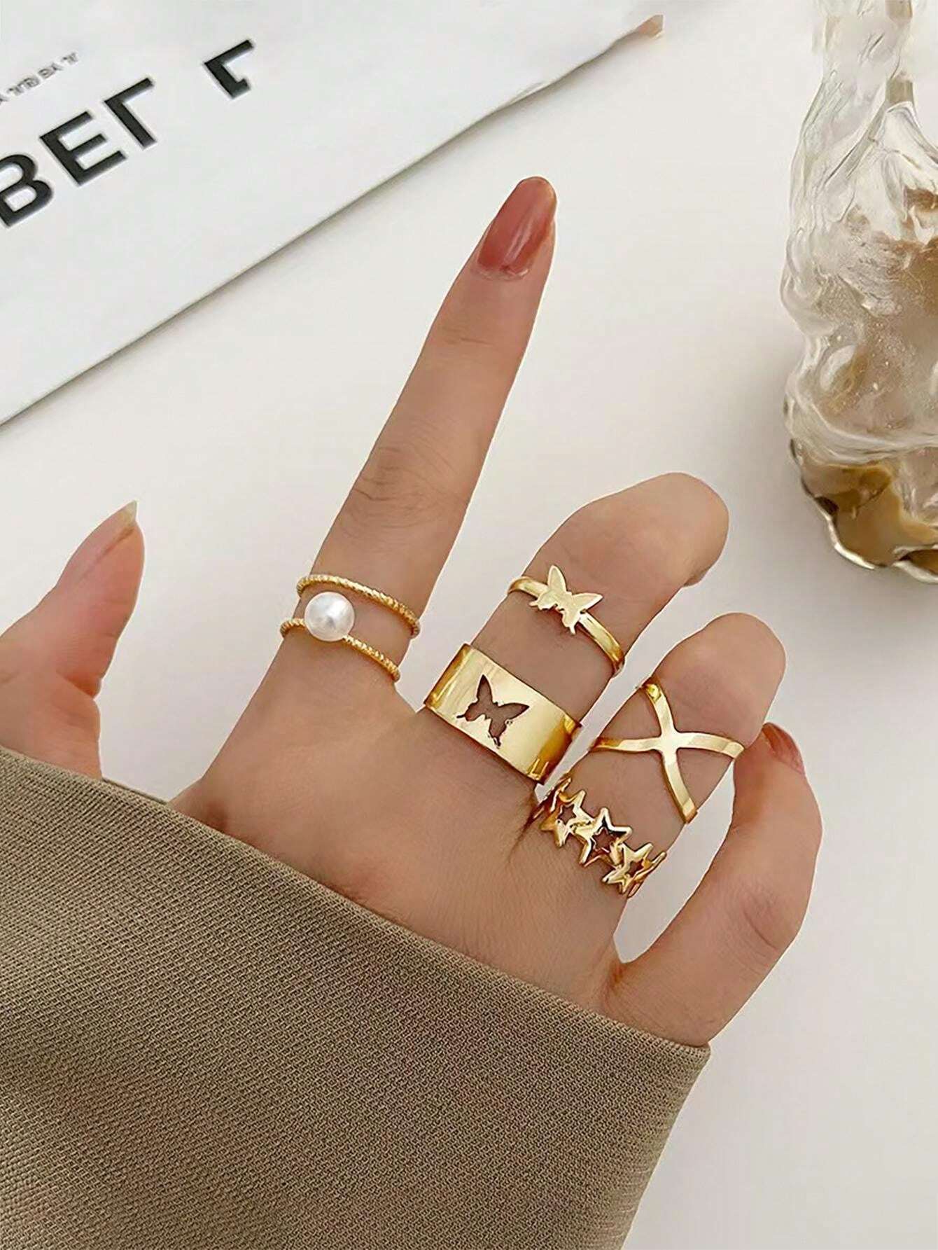 13pcs Aperture Adjustable Ring Combo Set Rhinestone Decoration Ring ...