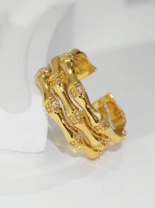 Charm-In 18K 镀金铜 3 层竹结戒指，镶嵌锆石，适合女士、婚礼/生日/圣诞节礼物 - 金黃色 - 查看 3