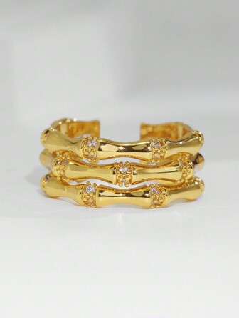 Charm-In 18K guldpläterad koppar 3-lagers bambu knutring med CZ för kvinnor, bröllop/födelsedag/julpresent