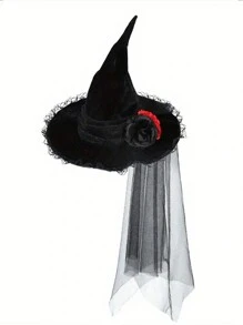 1 chiếc mũ phù thủy Baroque có mạng che mặt và hoa trang trí, phụ kiện trang phục tiệc Halloween của Nữ hoàng Gothic - Nhiều màu - Xem 9