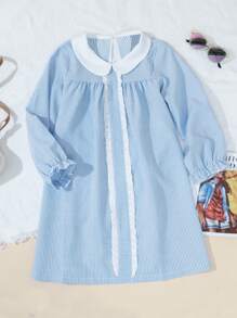 1pc Blue & White Striped Long Sleeve Dress With Ruffle Collar, Autumn