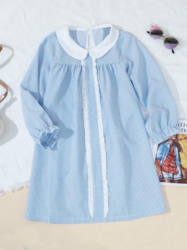 1pc Vestido de manga comprida listrado azul e branco com gola de babados, outono