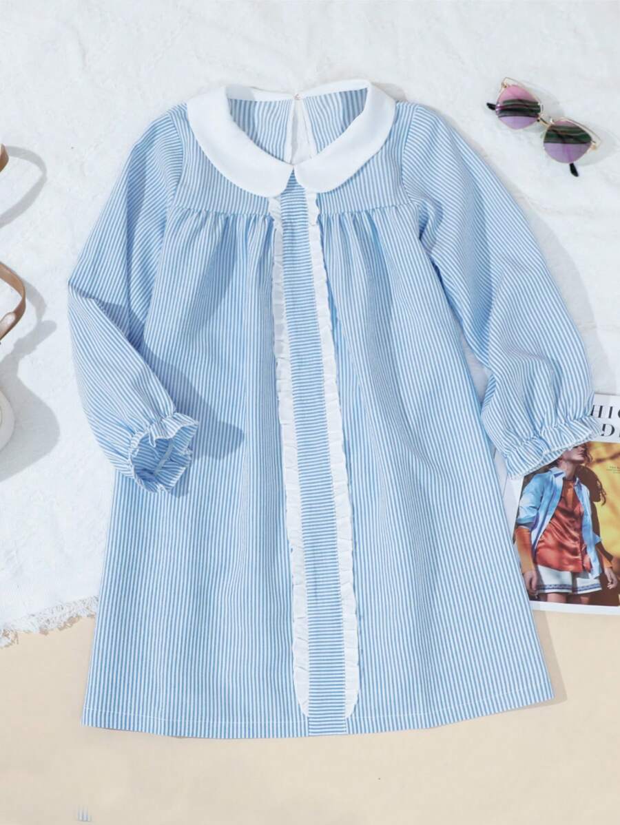 1pc Blue & White Striped Long Sleeve Dress With Ruffle Collar, Autumn