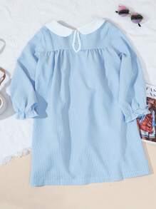 1pc Blue & White Striped Long Sleeve Dress With Ruffle Collar, Autumn