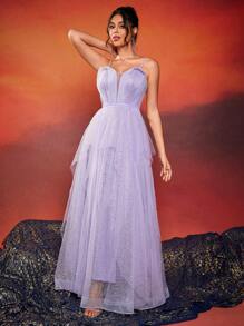 Vestido de fiesta de mujer con tirantes finos, lentejuelas y tul brillante, vestido de invitada de boda, vestido formal, vestido de noche - Morado - Ver 4