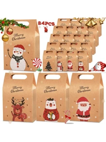 12/24pcs Merry Christmas Candy Gift Box With Tag, Kraft Paper Cookies Gift Packing Bags For Xmas Party New Year Home Decoration,Christmas