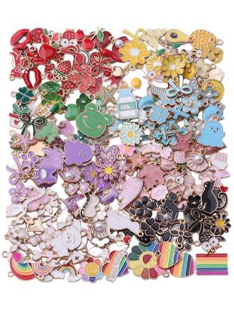 10-200pcs Random Mix Stylish 3D Zinc Alloy Oil Drop Cartoon Cute Insect, Animal, Plant, Flower, Bow Pendant, Earrings, Necklace, Bracelet, Keychain, Hair Clip, Bag Charm, Phone Strap DIY Jewelry Findings