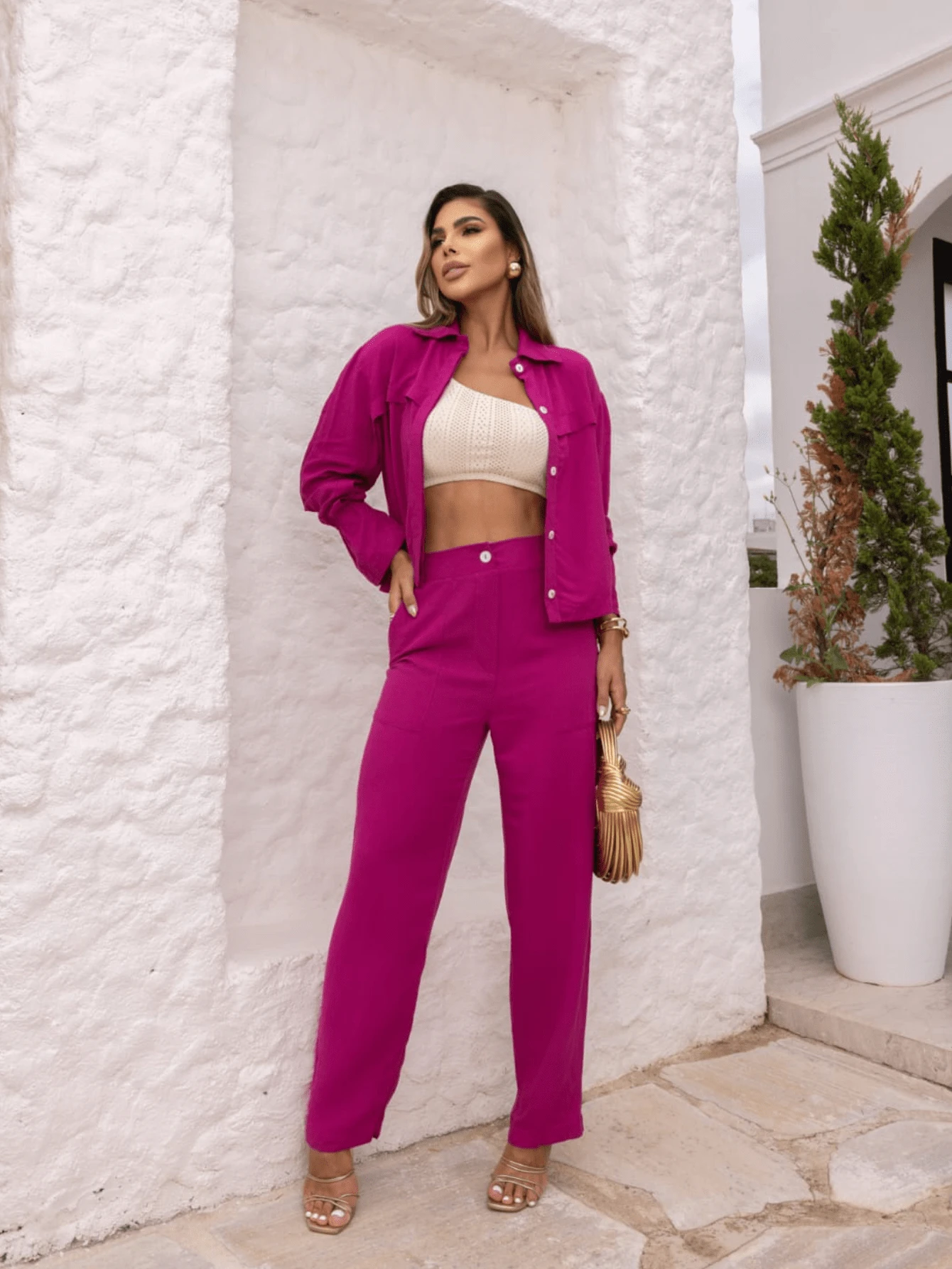 CECILIA LINEN PANTS SET - Màu Hoa hồng đỏ - Xem 1