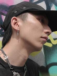 Men's Cross Hoop Earrings Silver With 5A Zirconia Stud Hip Pop Male Female - Bạc - Xem 4