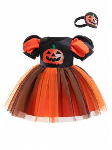 Đầm công chúa lưới in hình bí ngô nhiều màu và đen dự tiệc Halloween cho bé gái kèm băng đô, thích hợp cho tiệc cosplay - màu đen - Xem 2