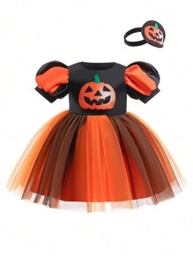 Đầm công chúa lưới in hình bí ngô nhiều màu và đen dự tiệc Halloween cho bé gái kèm băng đô, thích hợp cho tiệc cosplay - màu đen - Xem 1