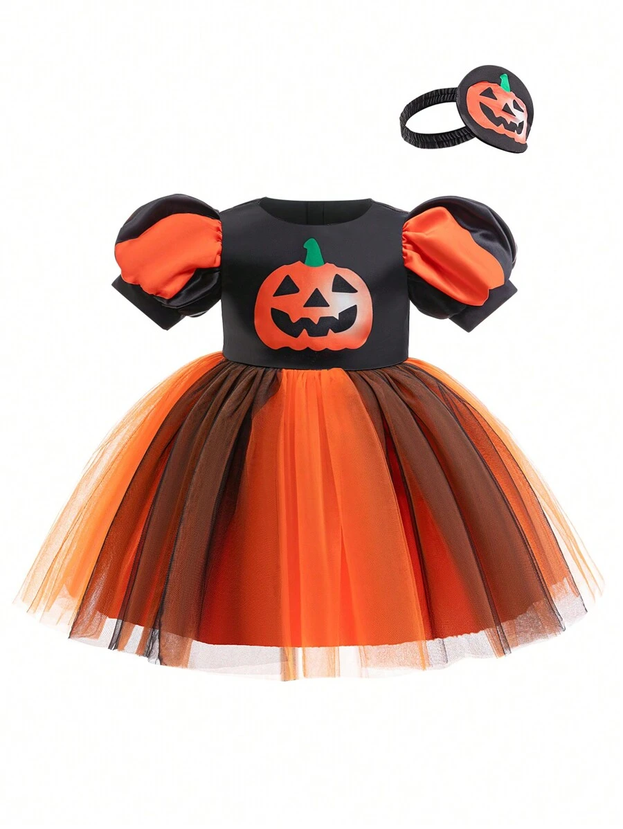 Đầm công chúa lưới in hình bí ngô nhiều màu và đen dự tiệc Halloween cho bé gái kèm băng đô, thích hợp cho tiệc cosplay - màu đen - Xem 1
