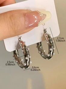 1 对金属几何圆形时尚派对仿珍珠独特优雅简约女士环形耳环 - 銀色 - 查看 4