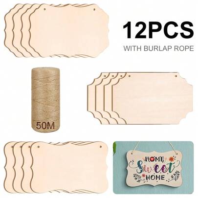 12pcs Wooden Signs With 50m Twine - DIY Your Own Shop/Door Sign With Painting Decorative Plaques Handicrafts