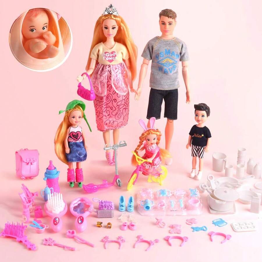 UCanaan Family Dolls Set Of 6 People With Dad Pregnant Mom 3 Kids And Baby Boy In Mommy's Tummy And 70 Pcs Accessories For Education And Birthday Day Gift - 灰色 - 查看 1