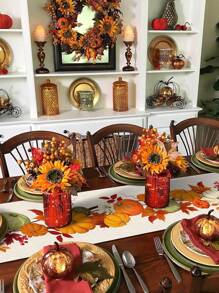 Runners da tavolo in lino con foglie d'acero autunnali, zucche raccolte, decorazioni per feste e vacanze, riutilizzabili, stile fattoria, per tavolo da cucina e da pranzo, decorazioni per il Ringraziamento