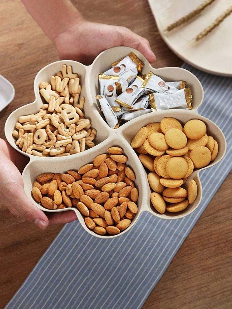 1 件/2 件分隔托盘、开胃菜分区拼盘、甜点盘、可重复使用的塑料小吃盘、圆形调味盘、4 个隔间，用于盛放薯片和蘸酱蔬菜糖果坚果水果、糖果盘干果盘水果篮心形水果盘糖果盘零食坚果盘碗盒容器，分隔盘，用于盛放开胃菜、小吃、蔬菜 - 米色 - 查看 1