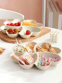 1 件/2 件分隔托盘、开胃菜分区拼盘、甜点盘、可重复使用的塑料小吃盘、圆形调味盘、4 个隔间，用于盛放薯片和蘸酱蔬菜糖果坚果水果、糖果盘干果盘水果篮心形水果盘糖果盘零食坚果盘碗盒容器，分隔盘，用于盛放开胃菜、小吃、蔬菜 - 米色 - 查看 2