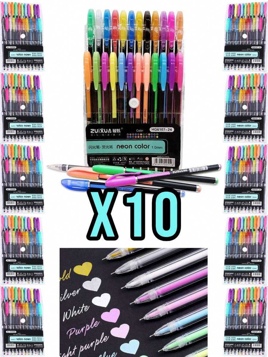 10 Estuches de 24 plumas de gel 240 plumas en total de colores Neón Glitter de tinta Gouache bolígrafos 1.00 mm útiles escolares papelería escritura marcadores rellenar pintar escribir subrayar colorear escritorio oficina escuela mayoreo marcar - Multicolor - Ver 1