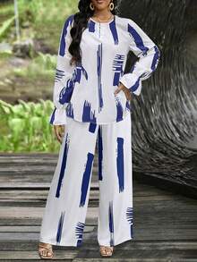 2 szt./zestaw kwiatowy nadruk, okrągły dekolt, długi rękaw, marszczona bluzka zapinana na guziki i zestaw spodni z prostymi nogawkami w pasie, wiosna/jesień