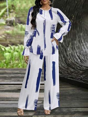 2pcs/Set Floral Print Round Neck Long Sleeve Ruffled Button Up Blouse And Elastic Waist Straight Leg Pants Set, Spring/Fall