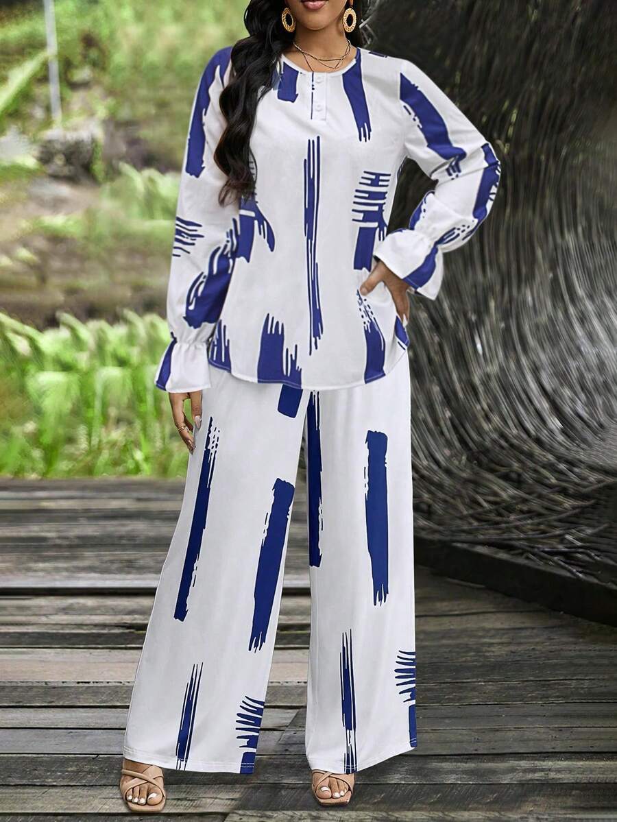 2 szt./zestaw kwiatowy nadruk, okrągły dekolt, długi rękaw, marszczona bluzka zapinana na guziki i zestaw spodni z prostymi nogawkami w pasie, wiosna/jesień