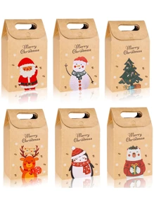 12/24pcs Merry Christmas Candy Gift Box With Tag, Kraft Paper Cookies Gift Packing Bags For Xmas Party New Year Home Decoration,Christmas