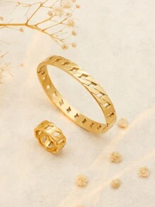 1 Set/2 Stücke Armband und Ring Set in Goldfarbe, minimalistisches hohles Design, Edelstahl, geeignet für den täglichen Gebrauch, Partys und Urlaub