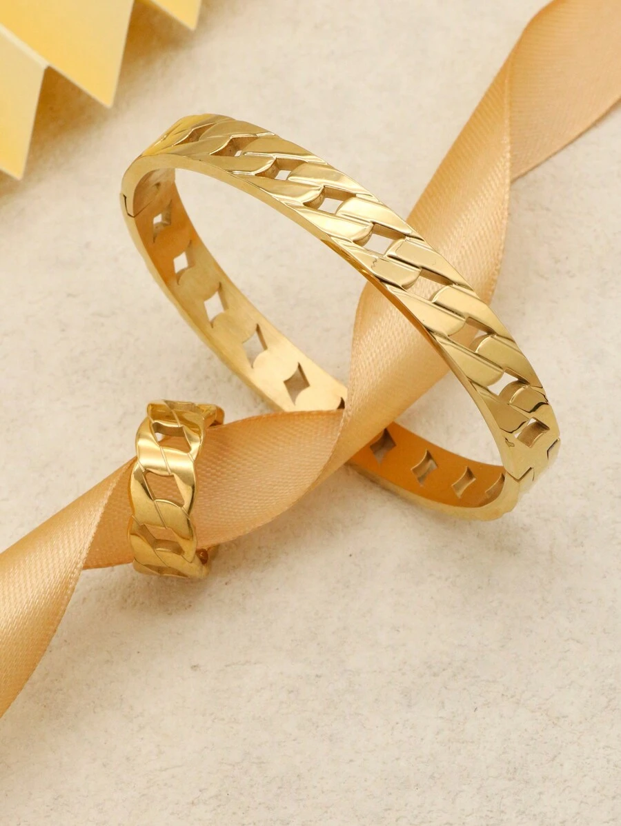 1 Set/2 Stücke Armband und Ring Set in Goldfarbe, minimalistisches hohles Design, Edelstahl, geeignet für den täglichen Gebrauch, Partys und Urlaub