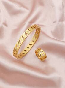 1 Set/2 Stücke Armband und Ring Set in Goldfarbe, minimalistisches hohles Design, Edelstahl, geeignet für den täglichen Gebrauch, Partys und Urlaub