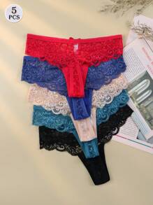 5pcs Women' Low-Rise Sexy Lace Thong Underwear - Multicolor - View 5