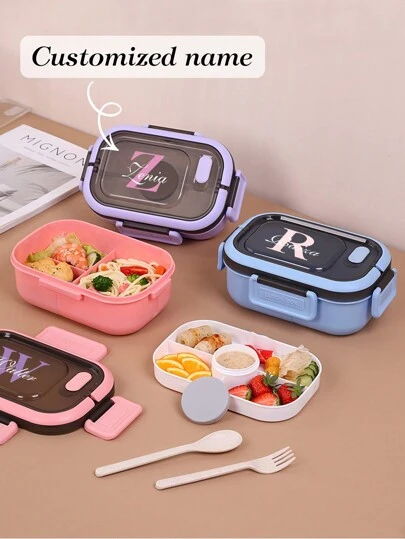 Personalized Customized Name Lunch Box (Free Fork, Spoon), Adult Or Child Boy And Girl Containers, 3 Compartments, Lunch Food Container With Cutlery, Sauce Jar, Pancake Liner, For Father's Day, For Graduation, For Weddings, For Housewarming Living Room, Bedroom, Office, Tea Room, Home, Dining Room, Kitchen, School Christmas Gift