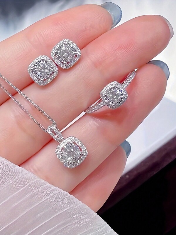1pc Luxury Cubic Zirconia Jewelry Set, Including Necklace, Earrings And Ring For Women, Perfect Gift For Valentine's Day, Christmas, Birthday, New Year,Mom,Mother,Mother's Day,Gift