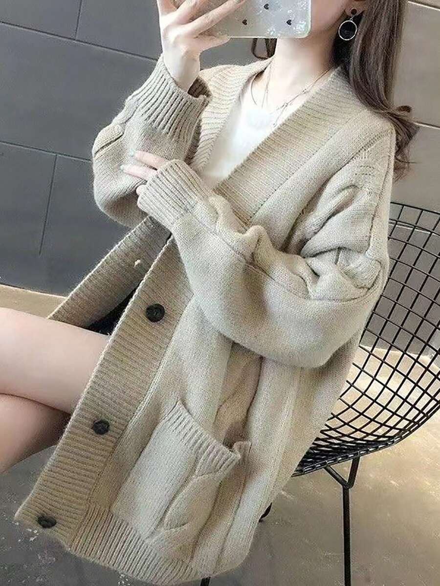 Cable Knit Loose Cardigan, Casual Style For Autumn/Winter - Khaki - View 1