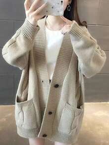 Cable Knit Loose Cardigan, Casual Style For Autumn/Winter - Khaki - View 2