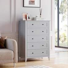 5 Chest Of Drawer Dresser, Modern Tall Nightstand With Deep Drawers And Nickel Round Handle, Wood Organizer Storage Cabinet For Bedroom, Living Room, Hallway - 灰色 - 查看 8