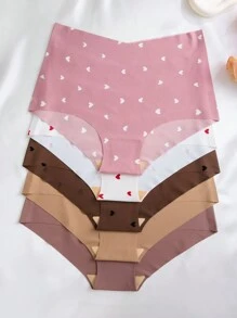 5 件装女式可爱心形印花无缝低腰内裤，舒适高腰三角裤 - 彩色 - 查看 3