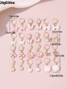 24 件时尚奢华合金吊坠耳环套装，蝴蝶、三叶草、雏菊元素，粉色色调，甜美时尚派对配饰，送给女孩的礼物