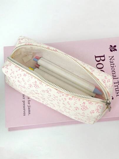 Fresh And Simple Pink Floral Print Pencil Case, Ins Style Highly Attractive Student Desktop Stationery Storage Bag, Natural Style Cosmetic Bag, Back To School Essentials, Pen, School Supplies, Back To School Supplies, Beautiful School Supplies, Office Supplies, Gifts For Gifts, School Bags For Girls, School Admissions, Desk Storage Boxes, Cute Stationery,Makeup Bag,Back To School,School Supplies