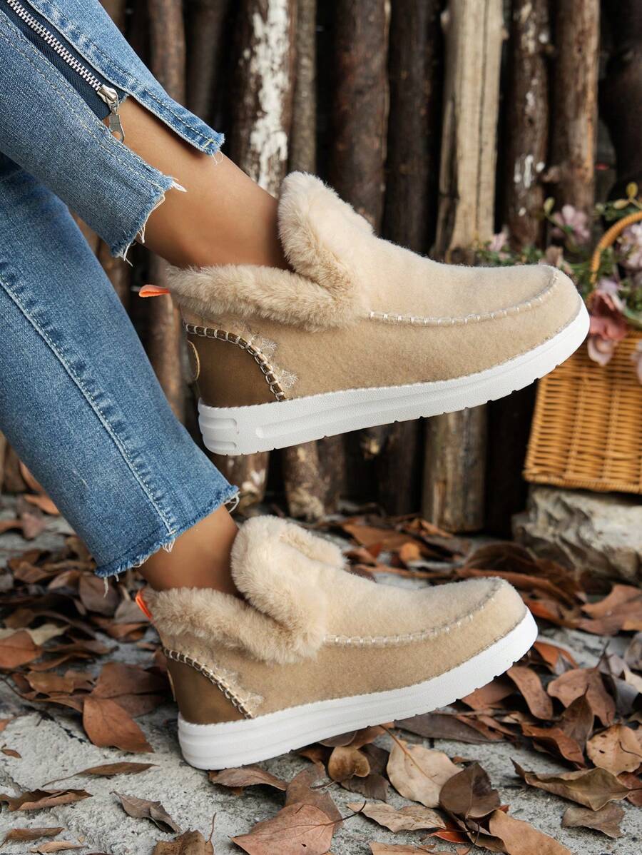 Fall/Winter Slip-On Boots For Plus Size,Fur Boots - Khaki - View 1