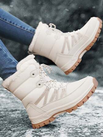 Plus Size Women's Winter Snow Boots, Fluffy Warm Winter Shoes, Abrasion Resistant And Windproof, High-Top Lace-Up Outdoor Boots