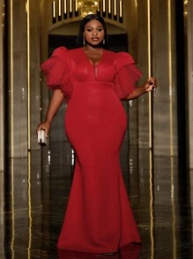 Faeriesty 加大多层袖子美人鱼下摆正式舞会礼服、优雅晚礼服，适合婚礼嘉宾、毕业典礼、晚宴 - 紅色 - 查看 1