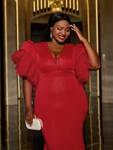 Faeriesty 加大多层袖子美人鱼下摆正式舞会礼服、优雅晚礼服，适合婚礼嘉宾、毕业典礼、晚宴 - 紅色 - 查看 7