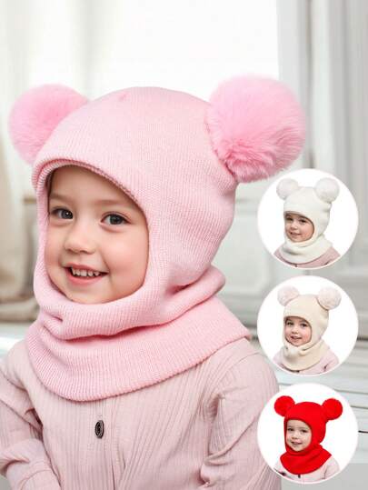 1 件装 1-8 岁女孩和幼儿纯色针织双绒球柔软保暖冬帽，适合休闲穿着和户外使用