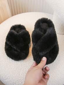 1 双时尚毛茸茸室内拖鞋，温暖家居拖鞋 - 黑色 - 查看 2