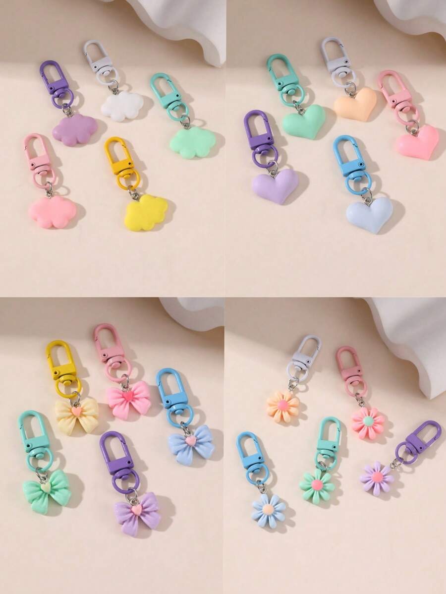 5 件装云朵、花朵、心形、蝴蝶装饰钥匙扣包包配件套装适合女孩 - 彩色 - 查看 1