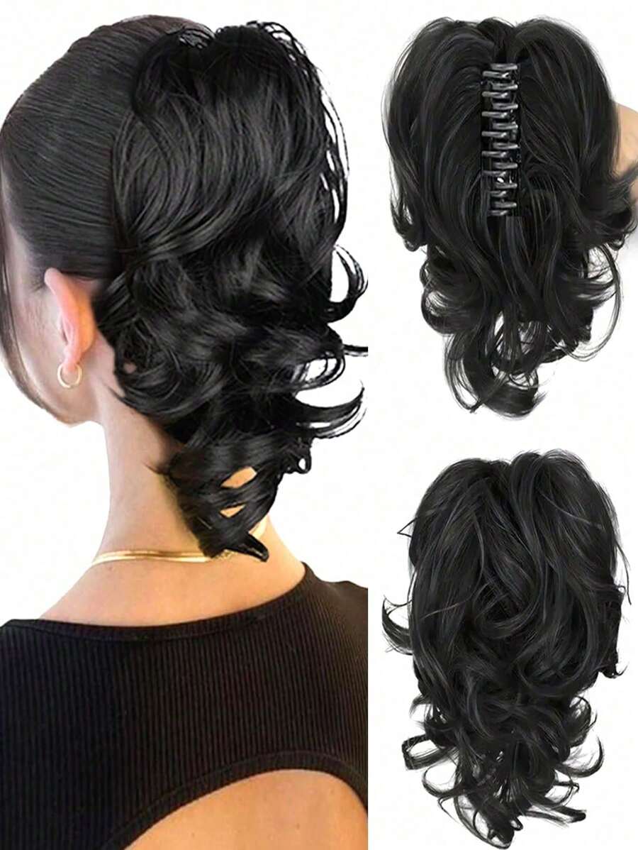 Extensión de cola de caballo con pinza de cabello rizado corto con ondas sintéticas para uso diario. Accesorios para el cabello. (Negro) - Negro - Ver 1